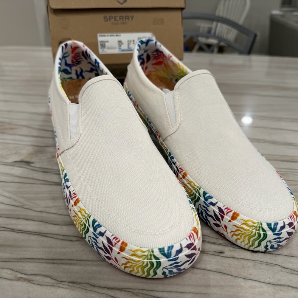 PRIDE Sperry White Slip-On Canvas Shoes with Rainbow Wave Sole